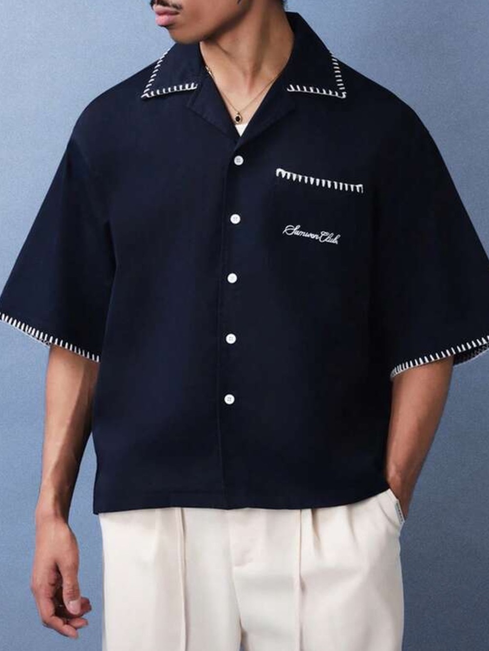 Sumwon studios Short-Sleeve Camp Shirt with Contrast Stitching